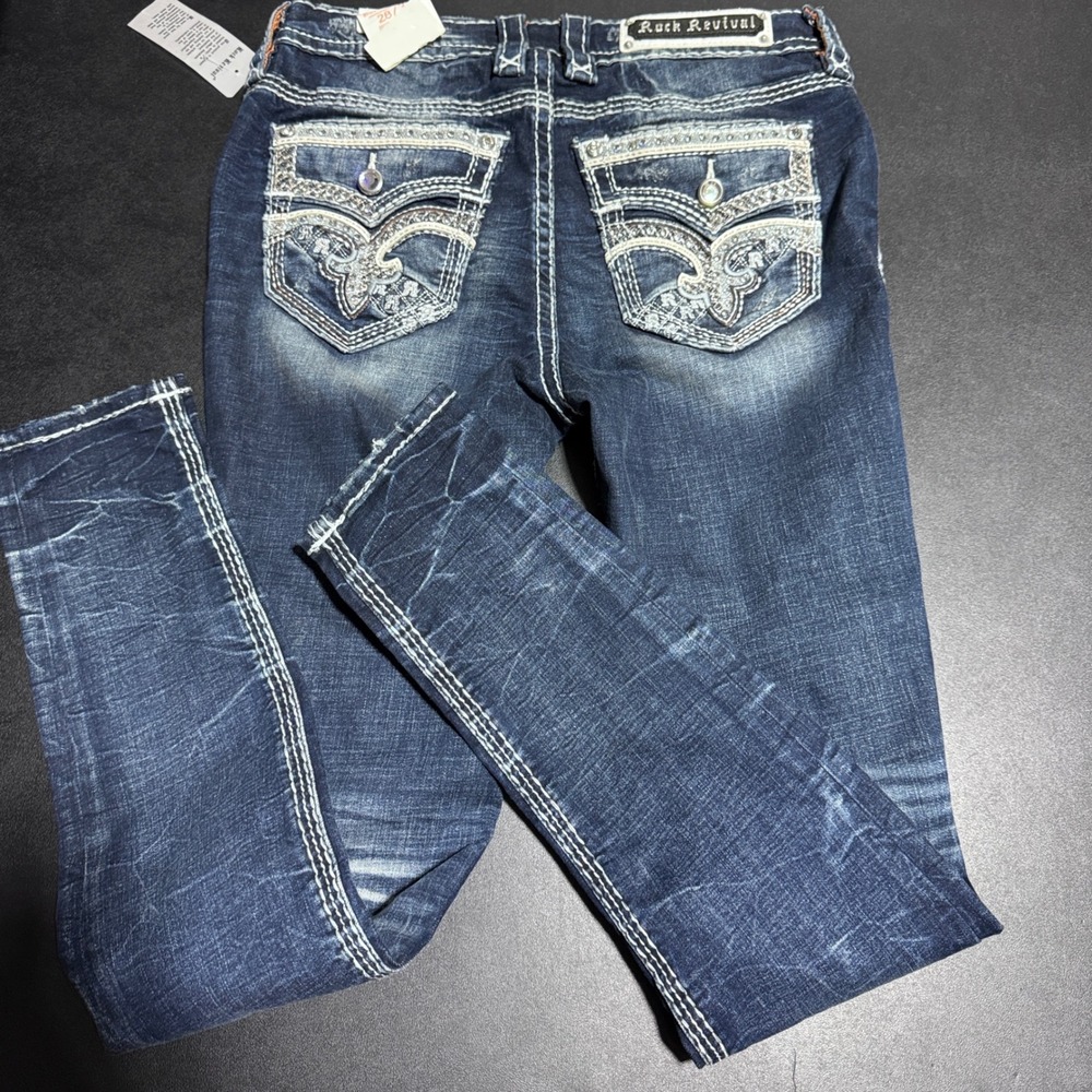 Rock Revival Yandel Skinny Jeans Mens 28 Blue Whiskered Embellished Flap Pockets